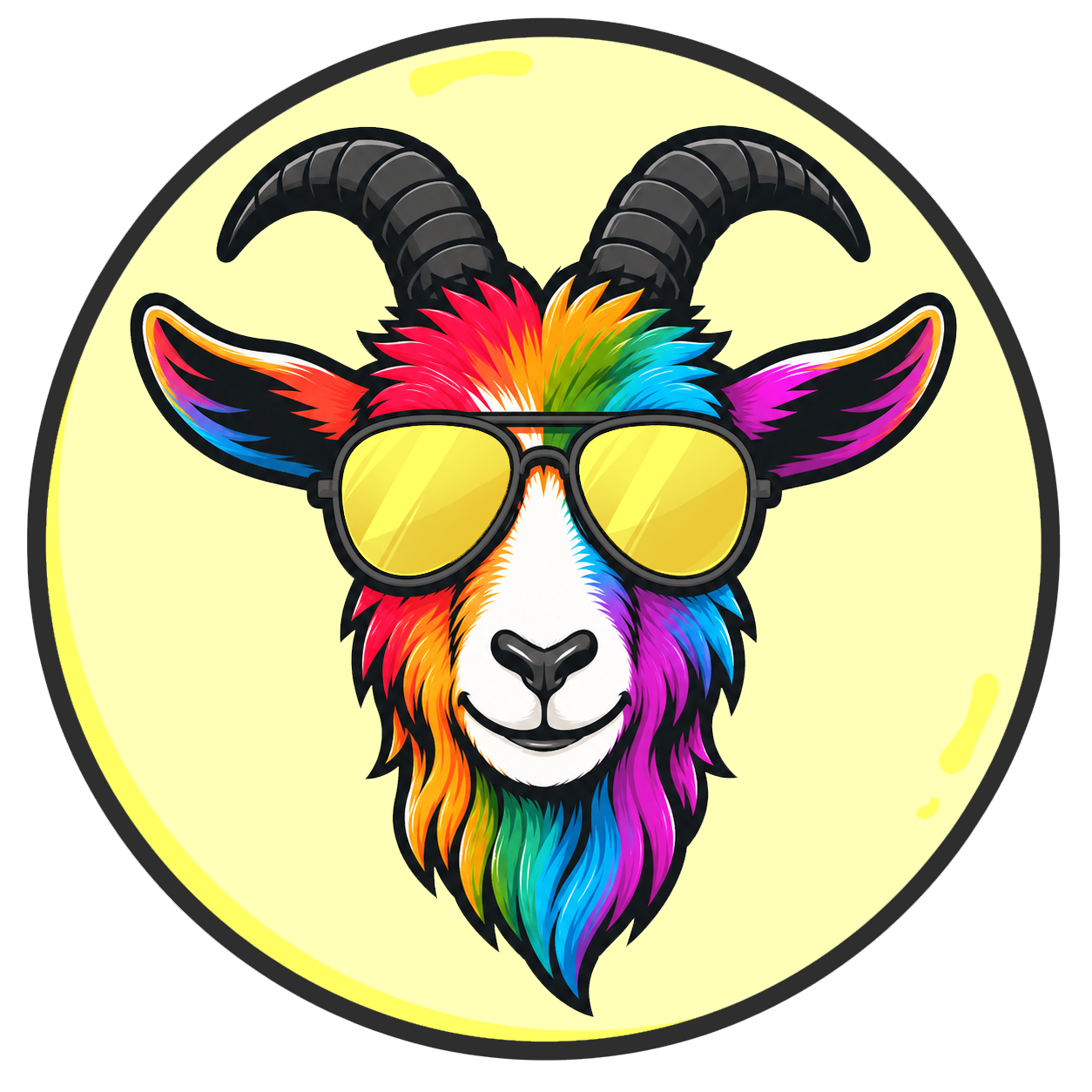 Tote Goat rainbow goat wearing yellow sunglasses